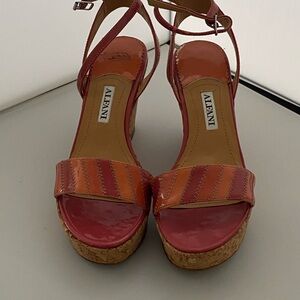 Alfani Raspberry Patent Cork Wedge Sandals, women’s size 7 1/2.